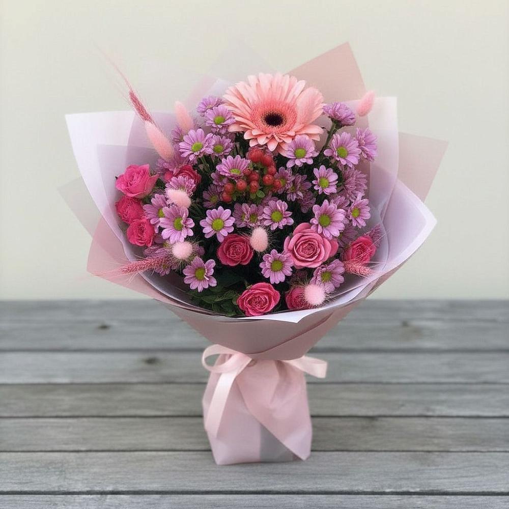 Букет цветов из: Розы, Герберы и Хризантемы в Старотимашкино