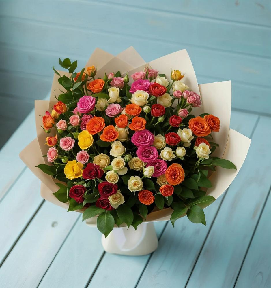 Букет Микс из разноцветных кустовых роз в Старотимашкино