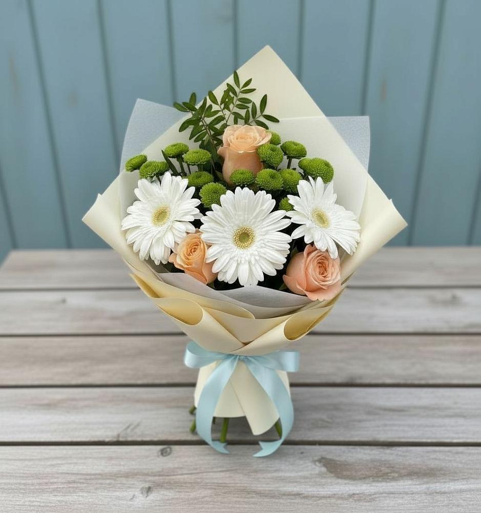 Букет цветов из: Герберы, Розы и Хризантемы в Старотимашкино